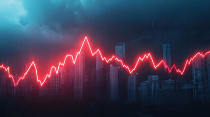 Poster - Red graph line fluctuating over city skyline under stormy skies. , Recession concept
