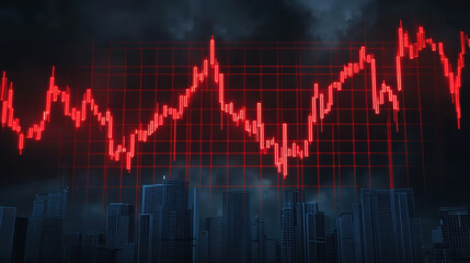 Poster - Stock market graph with red fluctuations over city skyline, depicting volatility. , Recession concept
