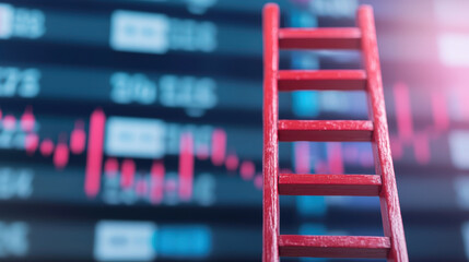 Poster - Red ladder symbolizing growth in business and finance, with stock market data. , Recession concept