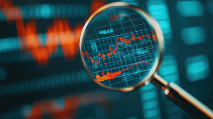 Poster - Business analysis with magnifying glass over financial data charts, showcasing trends and insights. , Recession concept