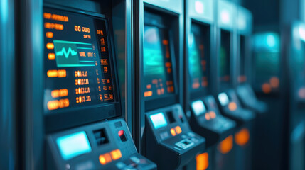 Automated machines with digital displays and buttons in row, showcasing technology and modern design. , Recession concept