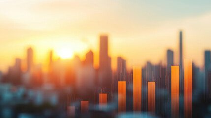 Poster - Sunset over city skyline with blurred bar graph representing growth. , Recession concept