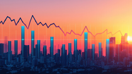 Poster - City skyline with financial graphs illustrating market trends at sunset. , Recession concept