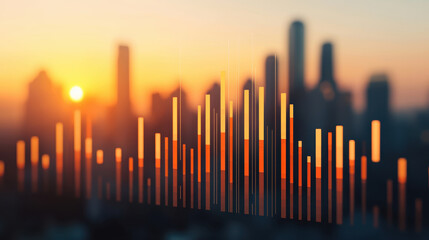 Poster - Sunset over city skyline with abstract bar graph visualization. , Recession concept
