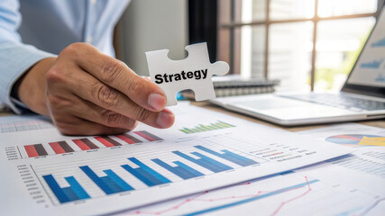 Poster - Hand holding puzzle piece labeled strategy over financial charts and graphs. , Recession concept
