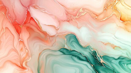 Poster - Elegant Abstract Fluid Art with Soft Coral and Green Hues