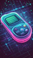 Poster - Glowing retro handheld gaming device against a digital backdrop