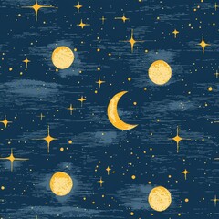 Poster - A whimsical background featuring yellow stars and a moon against a deep blue sky creating joy