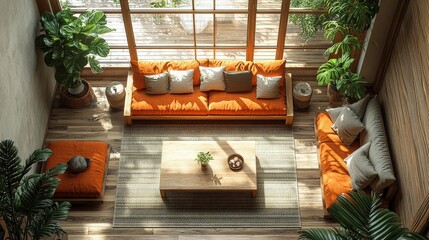 Wall Mural - Cozy and modern living room with orange furniture, plants, and natural light streaming in