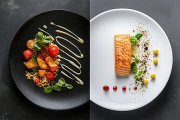 Aufkleber - Elegant gourmet dishes featuring colorful vegetables and grilled salmon for a refined dining experience. Generative AI