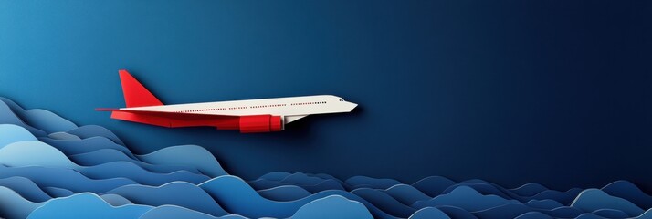 Poster - Airplane flying over a sea of stylized waves in a serene blue background. Generative AI