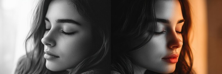 Poster - Mood transformation depicted through contrasting expressions in a somber grayscale and bright warm tones. Generative AI