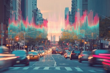 Poster - Urban road buzzing with activity and abstract sound waves against a vibrant sunset backdrop. Generative AI