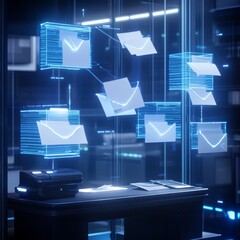 Fototapete - Futuristic Mail System: Holographic Envelopes and Printer in a Digital Office Environment.