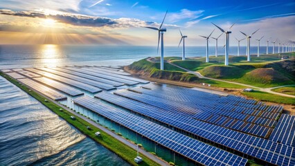 A coastal renewable energy facility featuring a vast array of solar panels extending into the ocean, adjacent to a hillside dotted with wind turbines harnessing the power of nature at sunset
