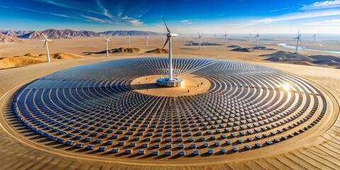 Harnessing Desert Energy A Sustainable Power Generation Complex Featuring Wind Turbines and a Vast Solar Array