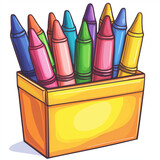Yellow box filled with colorful crayons, including red, blue, green, and purple, isolated on white background, representing creativity and school supplies
