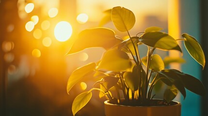 Poster - Houseplant with lush green leaves illuminated by warm sunset light indoors. Serene and natural beauty concept