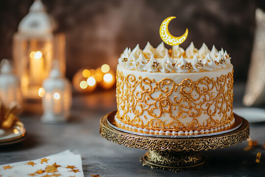 A beautifully decorated Eid cake with intricate golden patterns, placed on a festive table with lanterns and crescent moon decorations in the background