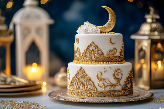 A beautifully decorated Eid cake with intricate golden patterns, placed on a festive table with lanterns and crescent moon decorations in the background