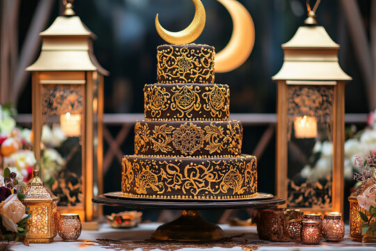 A beautifully decorated Eid cake with intricate golden patterns, placed on a festive table with lanterns and crescent moon decorations in the background