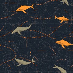 Poster - Intricate and beautiful pattern of whales swimming gracefully through the ocean blue waves