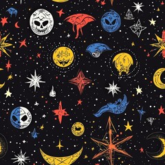 Poster - Enchanting pattern featuring various stars and moon shapes against a subtle background design