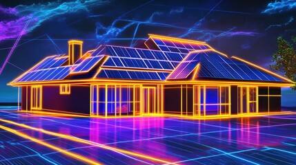 Wall Mural - Futuristic house with solar panels illuminated in neon colors against a vibrant sky