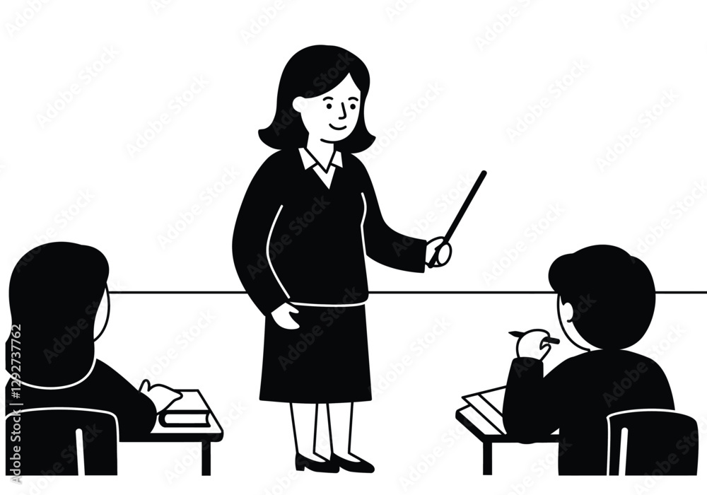 Female teacher clipart black and white. A teacher stands in front of ...