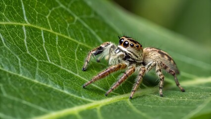 Wall Mural - jumping spider on leaf: a stunning macro shot capturing intricate details of a jumping spider perche