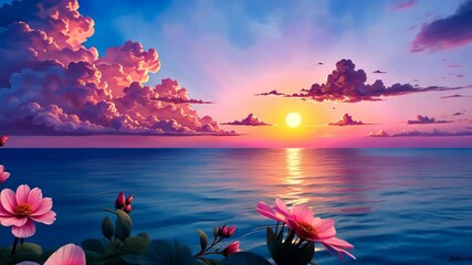Fototapete - A beautiful landscape with a large mountain range and a lake. The sun is setting and the sky is filled with clouds