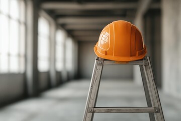 Home renovation work concept. Construction helmet on a ladder in an empty industrial space.