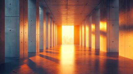 Poster - Spacious modern hallway with concrete pillars illuminated by warm sunset light, leading to a cityscape view. Architectural design and urban tranquility concept