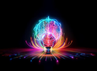 Poster - A vibrant, glowing brain with circuit patterns is depicted using double exposure, creating a futuristic and technological impression against a stark black backdrop, with colorful light trails radiatin