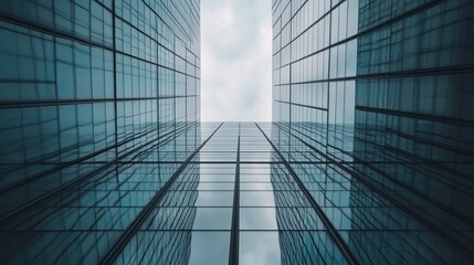 Wall Mural - Modern glass buildings create striking urban landscape, showcasing reflections and symmetry. view from below emphasizes height and architectural design