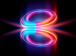 Wall Mural - vibrant neon rings intertwine, creating an abstract glowing form against a dark backdrop. symmetrica