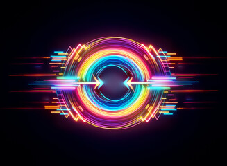Wall Mural - abstract glowing circular design with rainbow colors on a dark background. two arrows pointing in op