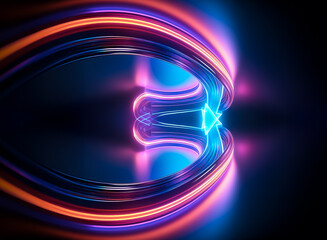 Wall Mural - abstract image features glowing neon light trails. curved lines of pink, orange, and blue create a t