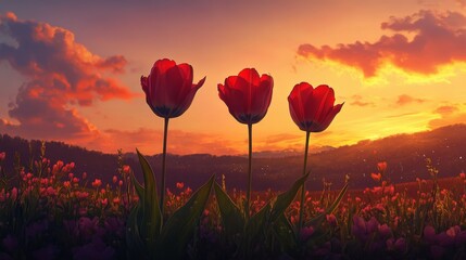 Aufkleber - Three red tulips in a vibrant field at sunset with a colorful sky and distant hills. Nature beauty and tranquility concept