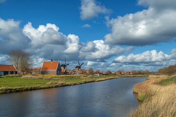 Poster - Beautiful countryside landscape featuring traditional windmills near a calm river during a sunny day with fluffy clouds. Generative AI