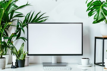 Desktop Screen Computer Screen Close Up on the White Desk Vase of Plant Frame and Book