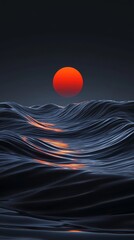 Poster - Glowing red sun over dark, flowing ocean waves with reflective streaks at sunrise. Dramatic seascape and tranquility concept