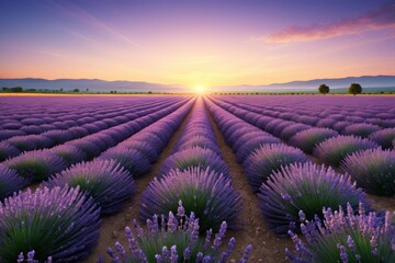 Wall Mural - lavender field at sunset with sun setting in the distance