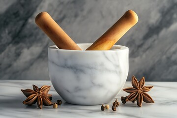 Wall Mural - Elegant Marble Mortar and Pestle with Spices