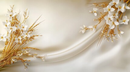Poster - Elegant rice mound inspired thai design with golden flowers serene setting digital art minimalist aesthetic