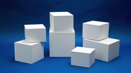 Poster - arrangement of various white cubes on a blue background, showcasing geometric shapes and shadows