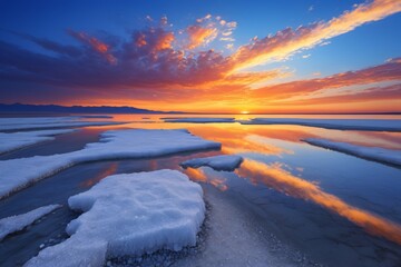 Wall Mural - sunset over the ocean with ice floes and a boat in the distance