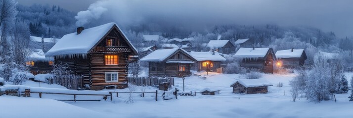 Poster - Winter evening in a quiet snow covered village with glowing windows and smoke rising from chimneys. Generative AI