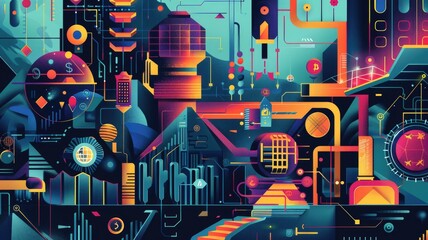 Poster - This abstract geometric design showcases vibrant colors and intricate patterns. It represents convergence through a blend of modern artistic elements and dynamic shapes.