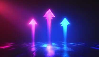 Fototapete - neon arrows pointing upward in a dark studio, glowing with vibrant colors